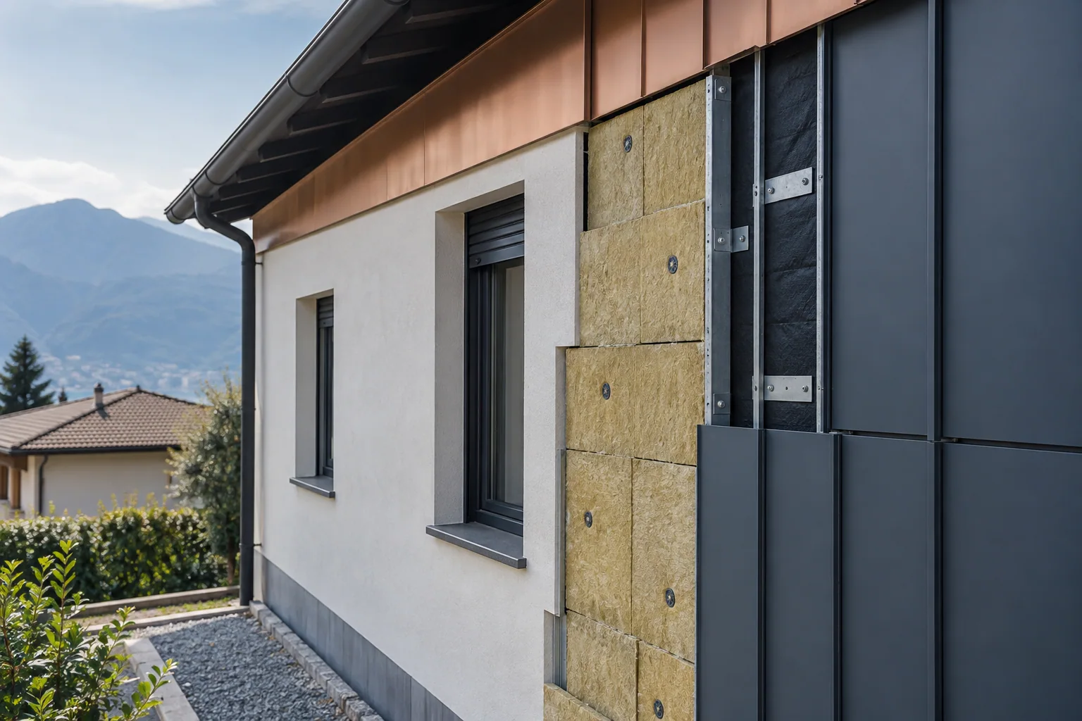 Esempio illustrativo di isolamento e rivestimento metallico di una parete esterna